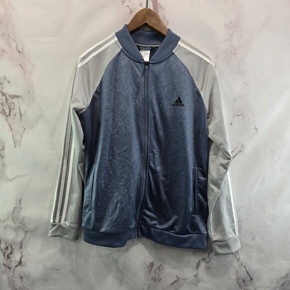 Adidas Jacket Womens Large Blue Floral Track Bomber Active Embossed 3 Stripe - Picture 1 of 11